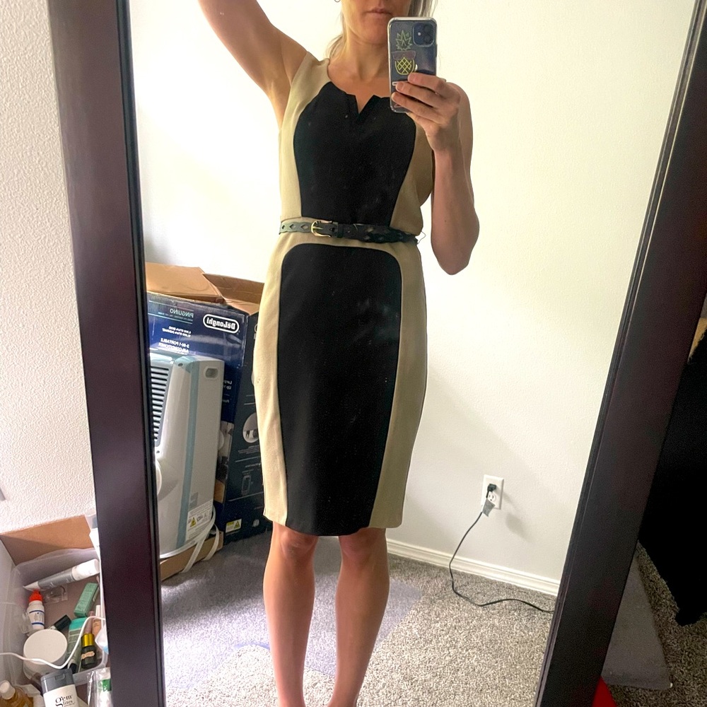 Tan and black pencil skirt dress